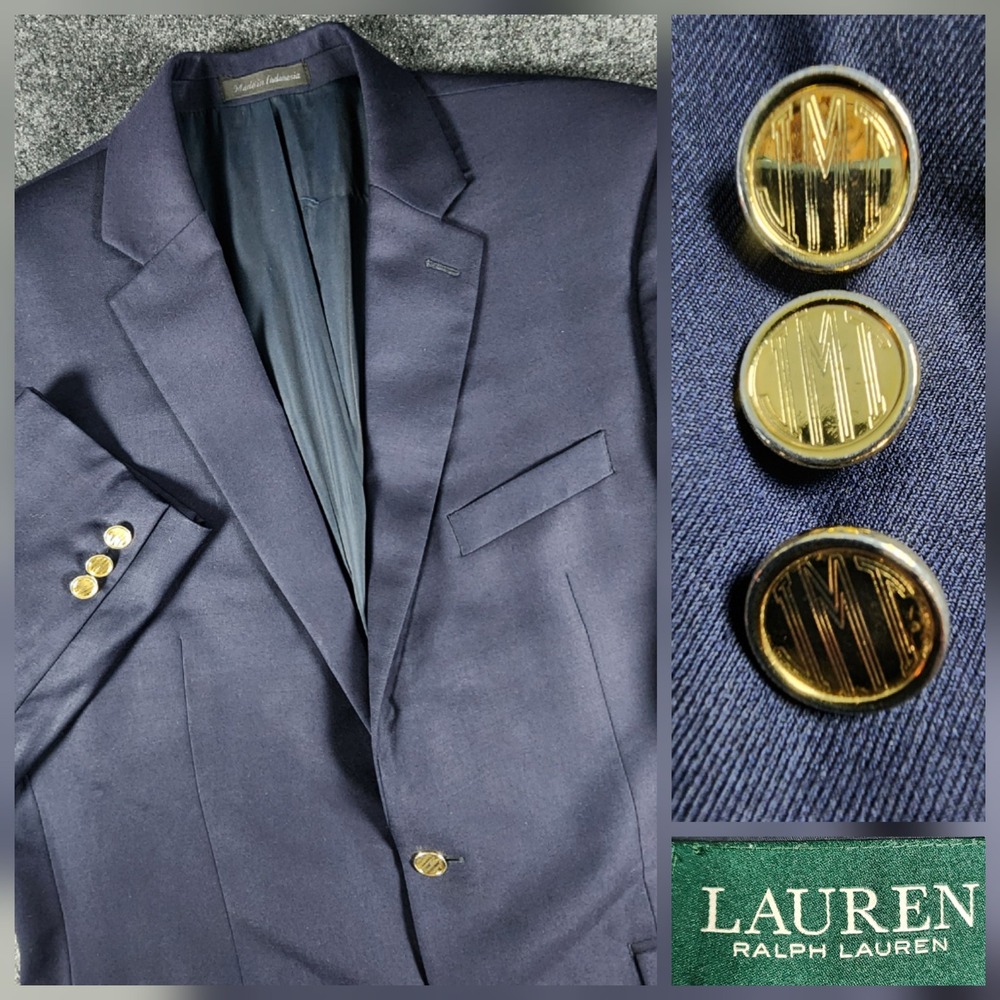 Lauren Ralph Lauren Blazer Mens 42L Navy Blue Wool Gold Crest Button Sport Coat